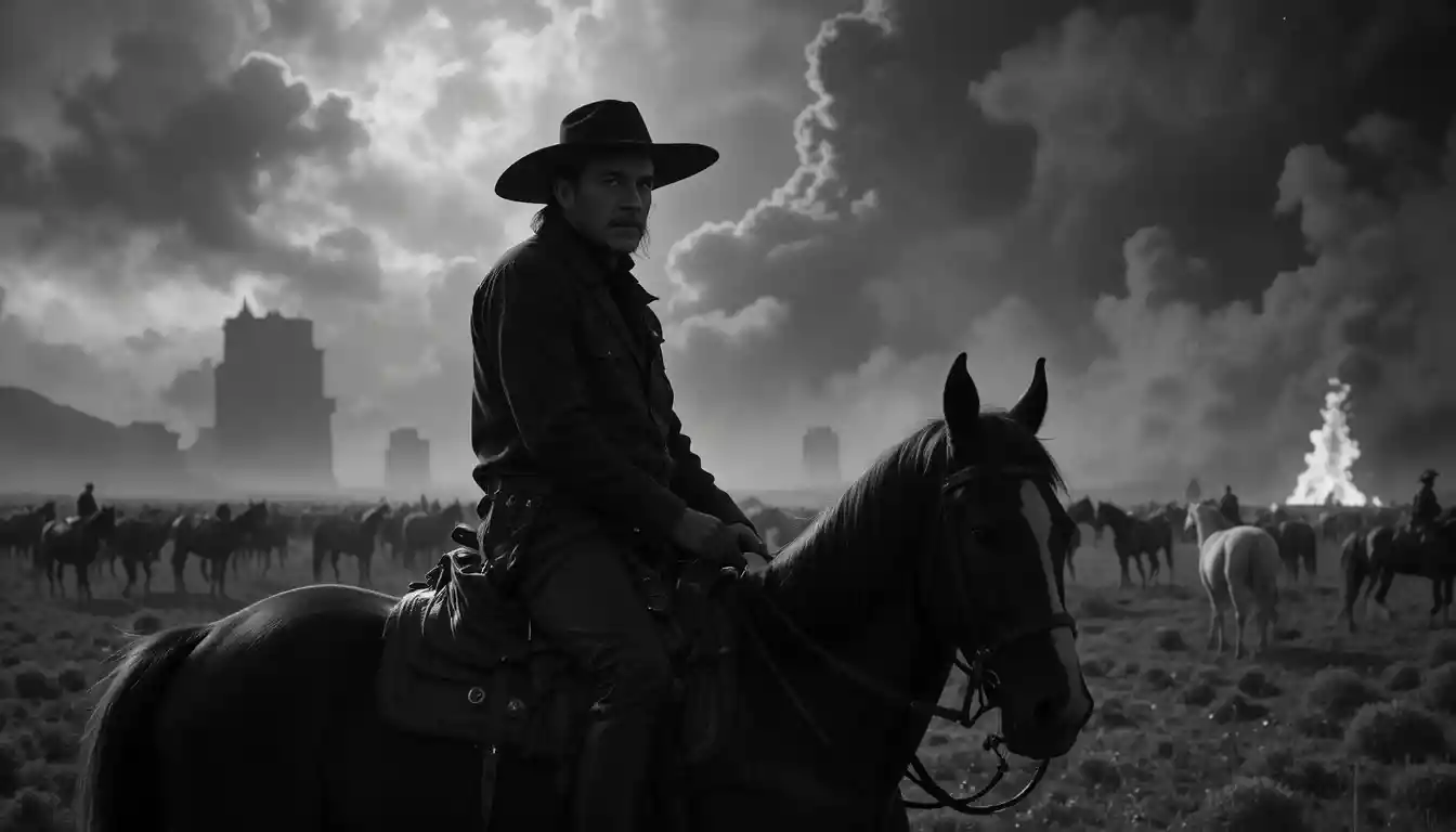 Alter Cowboy zu Pferd beobachtet eine mondbeschienene Rinderherde