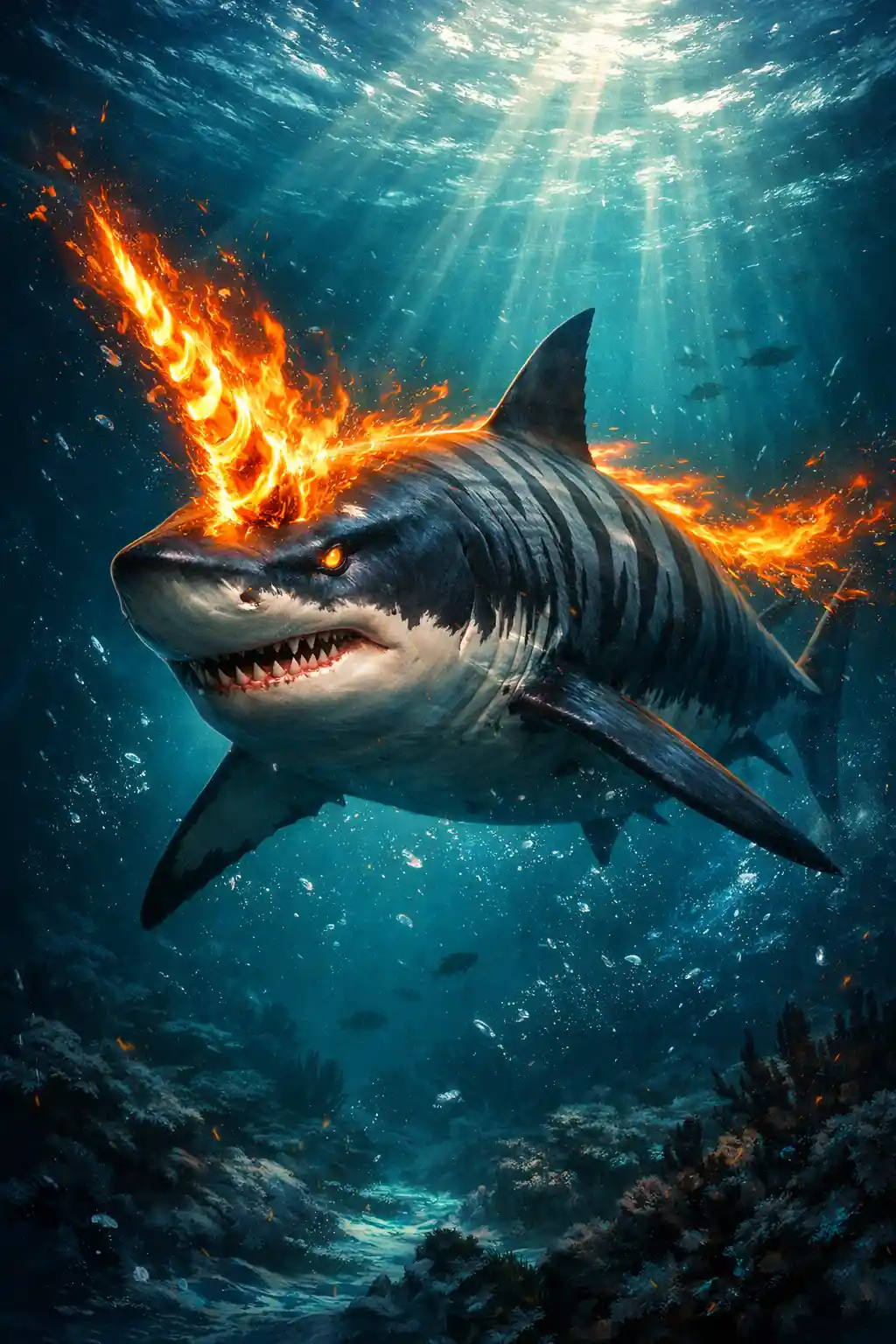 Requin cornu de feu fonçant dans les profondeurs de l’océan