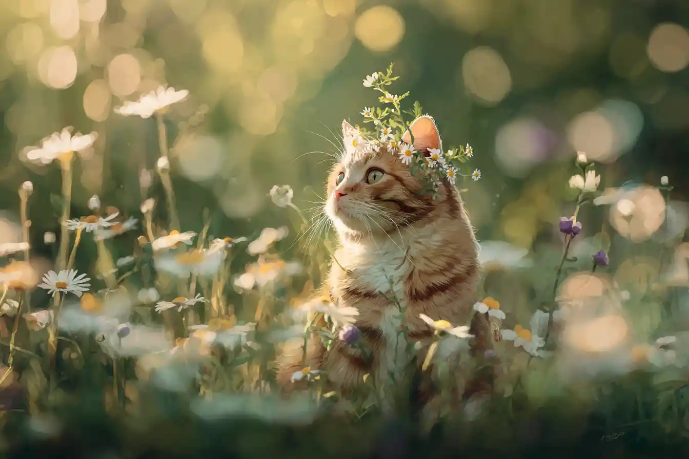 Gatto giocherellone in un prato da sogno di fiori selvatici - illustrazione