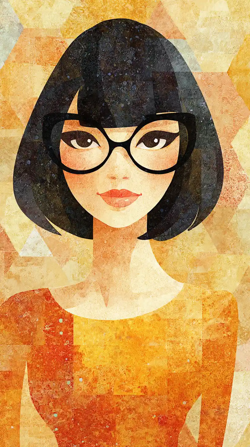 Pop art bust of a woman with bob hair and bold glasses