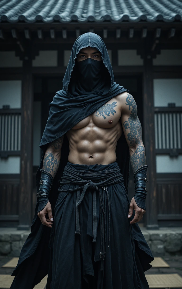 Homem tatuado e mascarado de manto preto em interior japonês