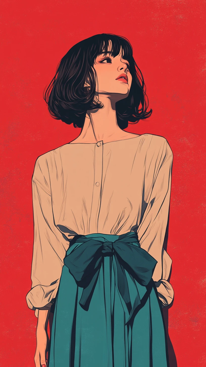 深青綠裙時尚女子站在鮮紅海報前