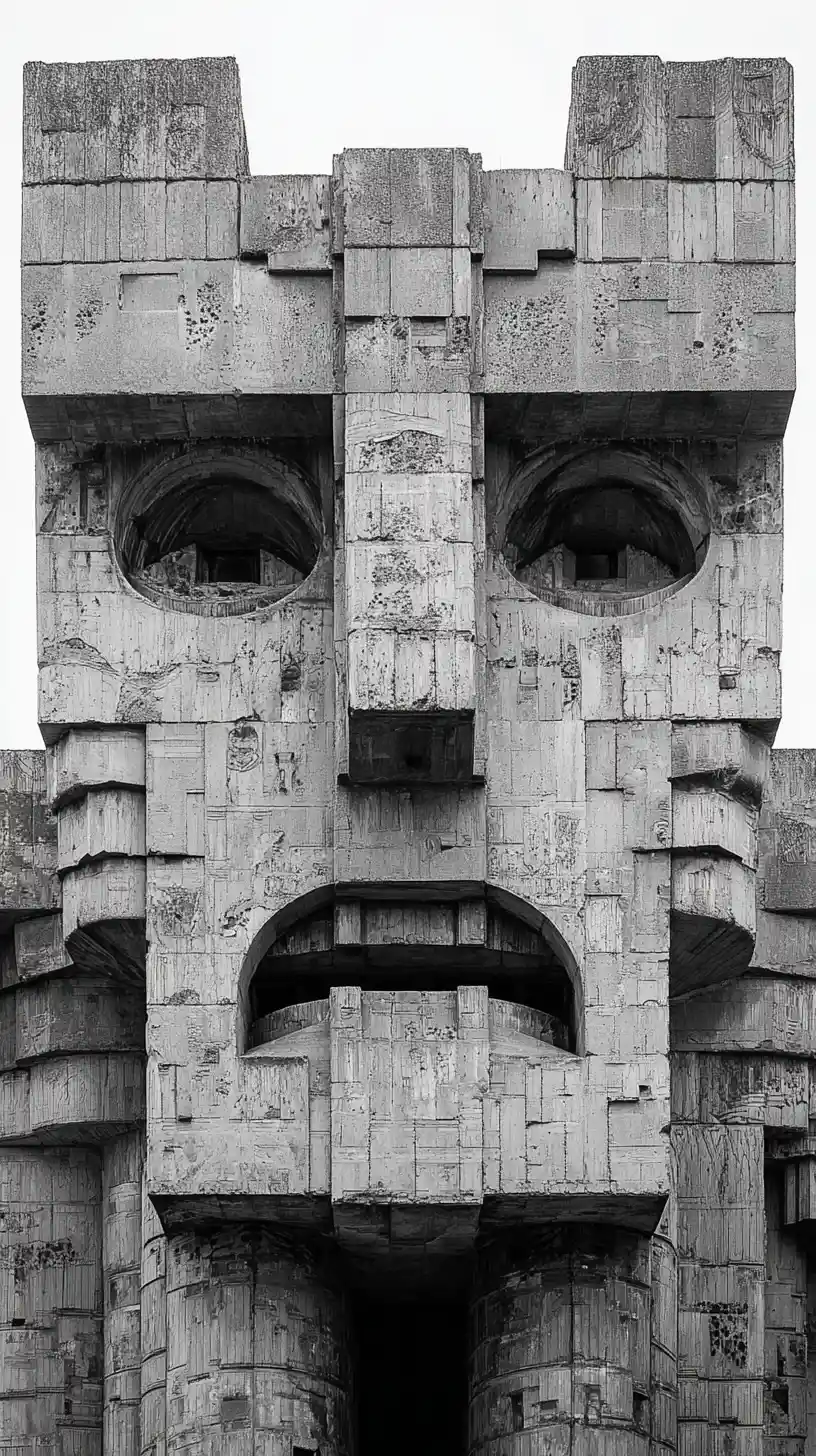 Monumental brutalist concrete face facade in black and white