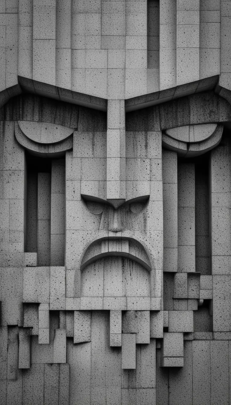 Monumentale brutalistische Betonfassade in Form eines menschlichen Gesichts
