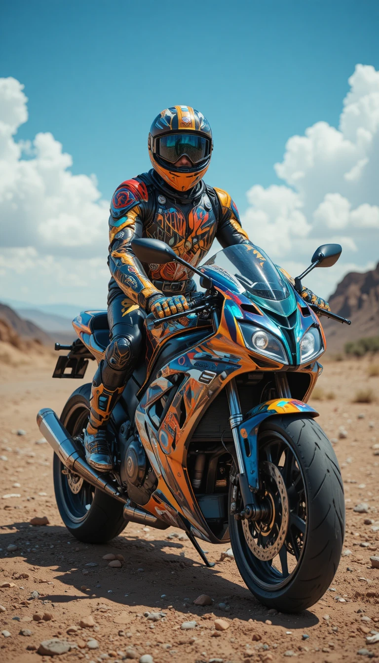Jovem em uma motocicleta futurista no estilo de pintura impasto