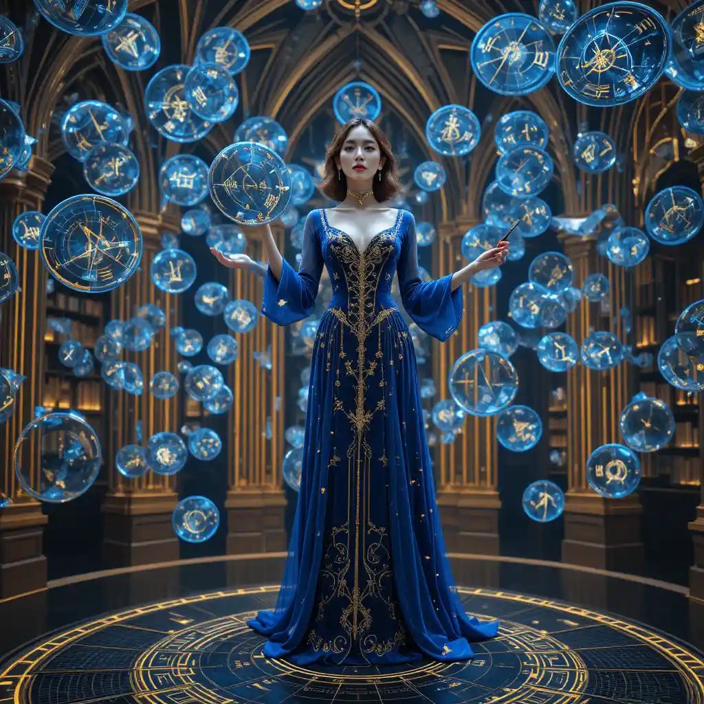 Korean woman writing on glowing quantum discs in void