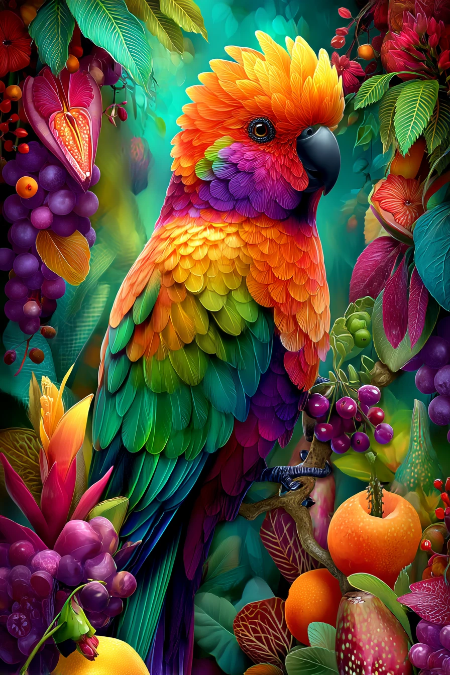 Retrato colorido de cacatúa entre exuberante vegetación tropical