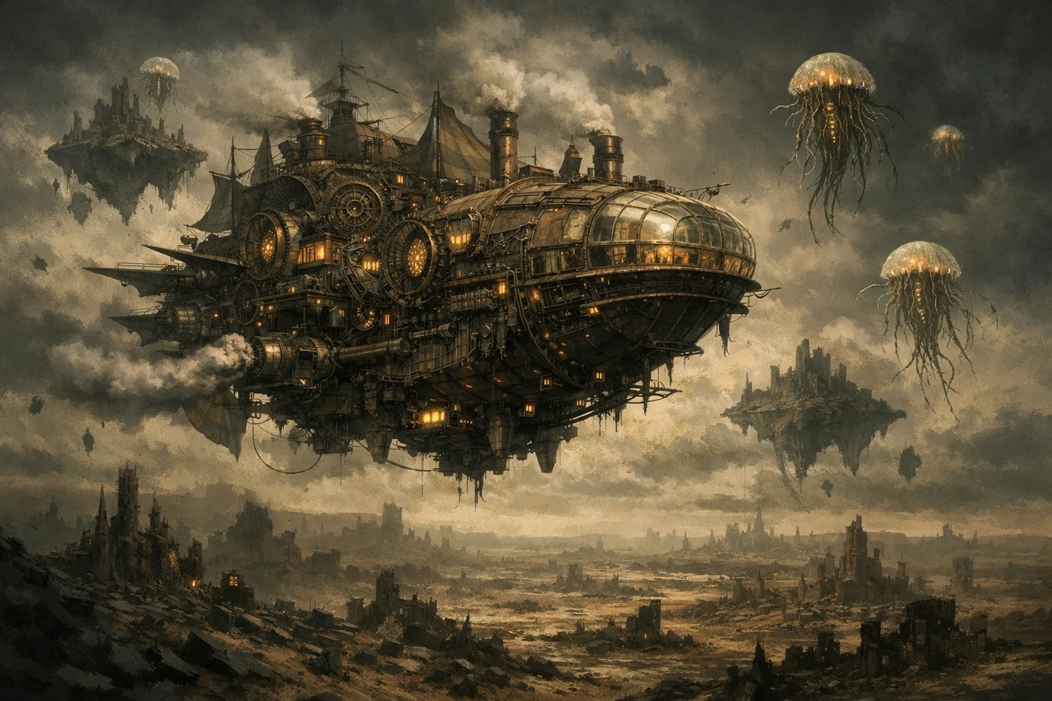 Gigantisches Steampunk-Luftschiff gleitet zwischen surrealen schwebenden Inseln