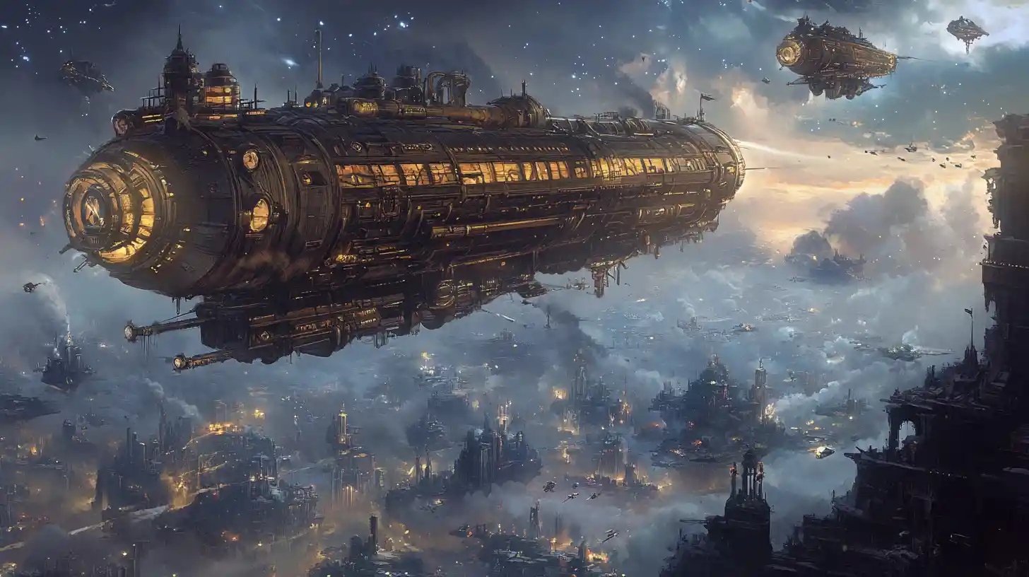 Gigantisches Steampunk-Luftschiff über schwebenden Inseln und Ruinen