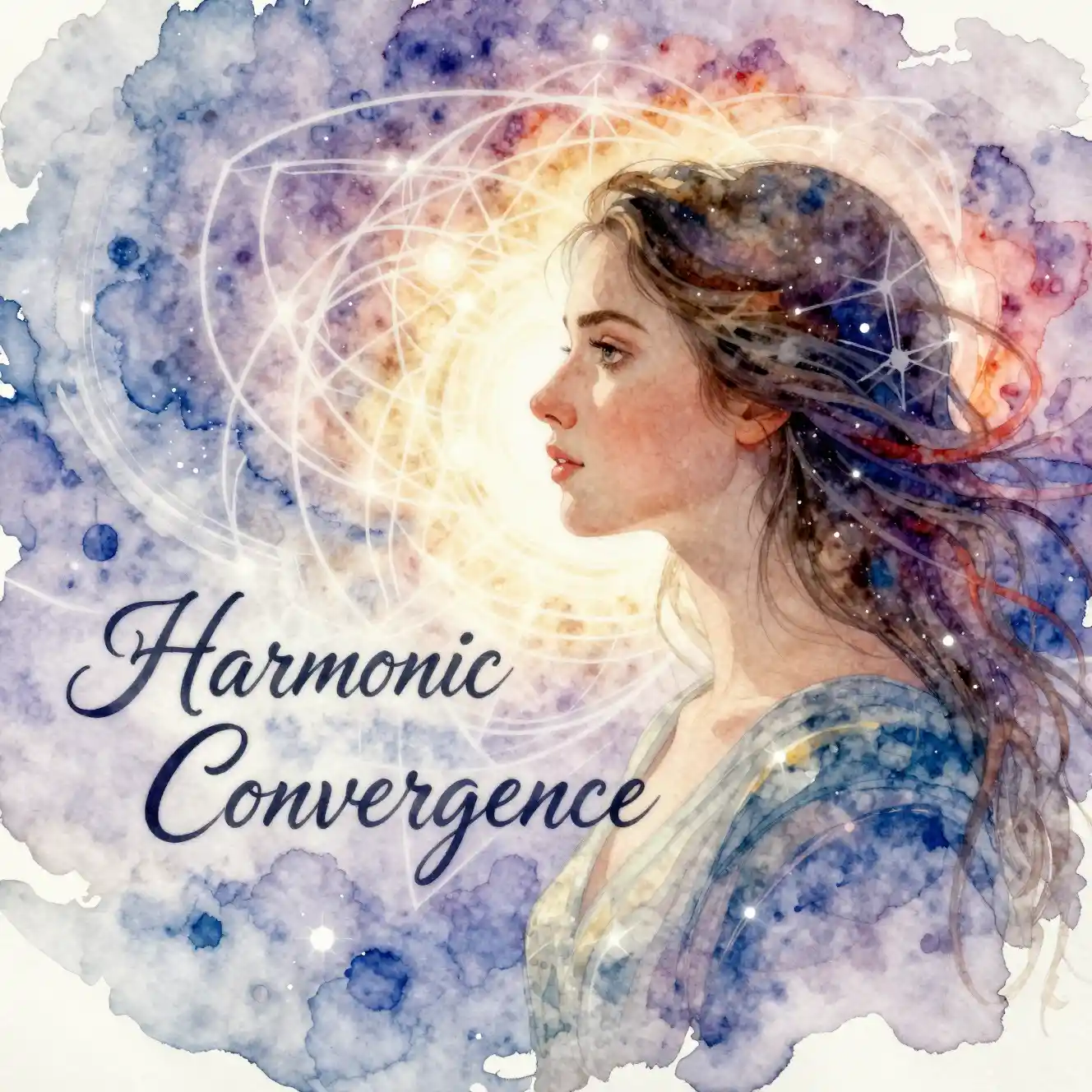 Watercolor profile of a young woman amid sacred geometry