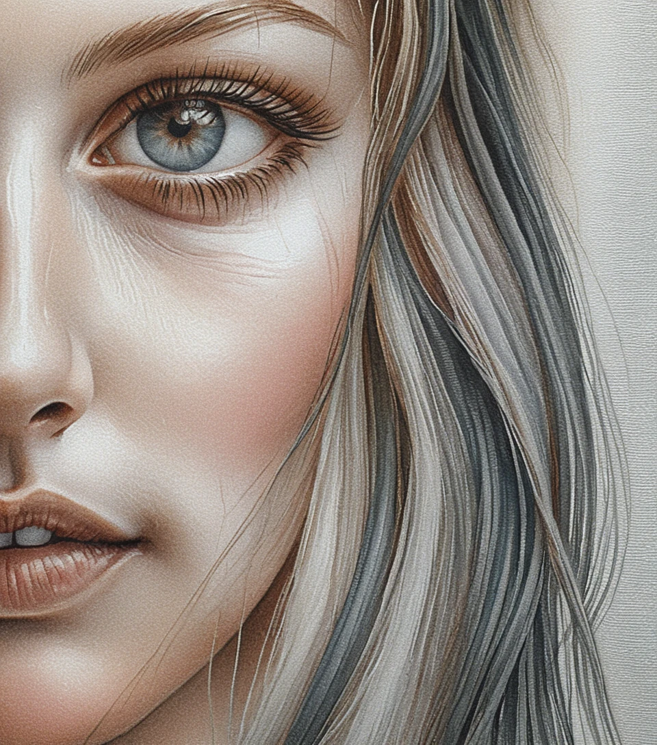 Graphite close up of a womans eye nose and lips