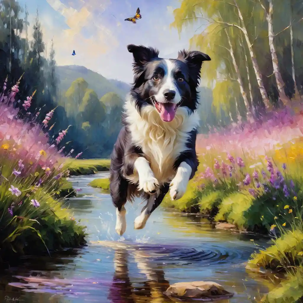 Border collie saltando sobre um riacho em um prado de primavera