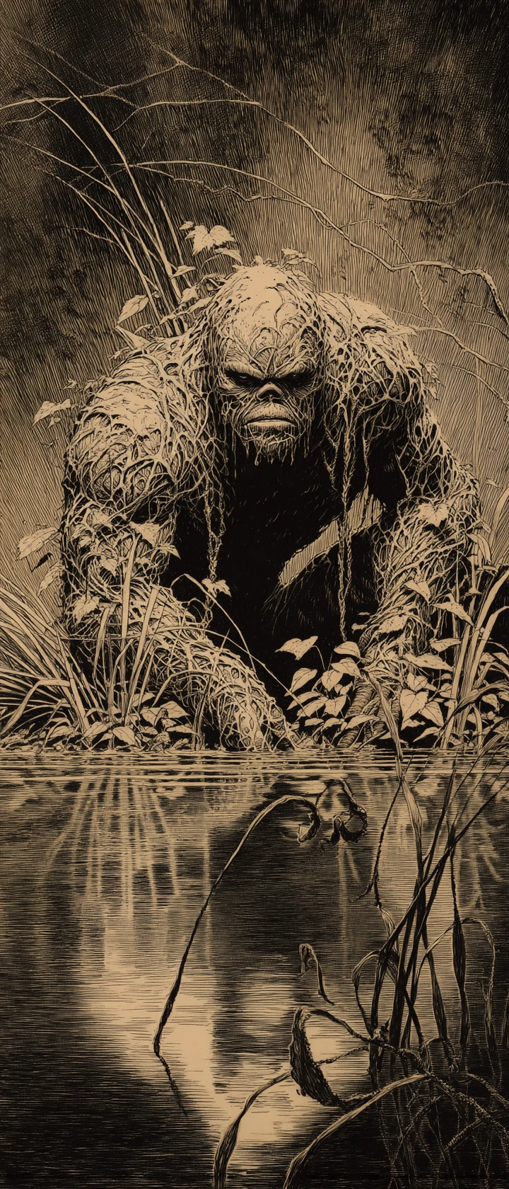 Sumpfmonster, das aus trübem Wasser in Feder und Tinte emporsteigt