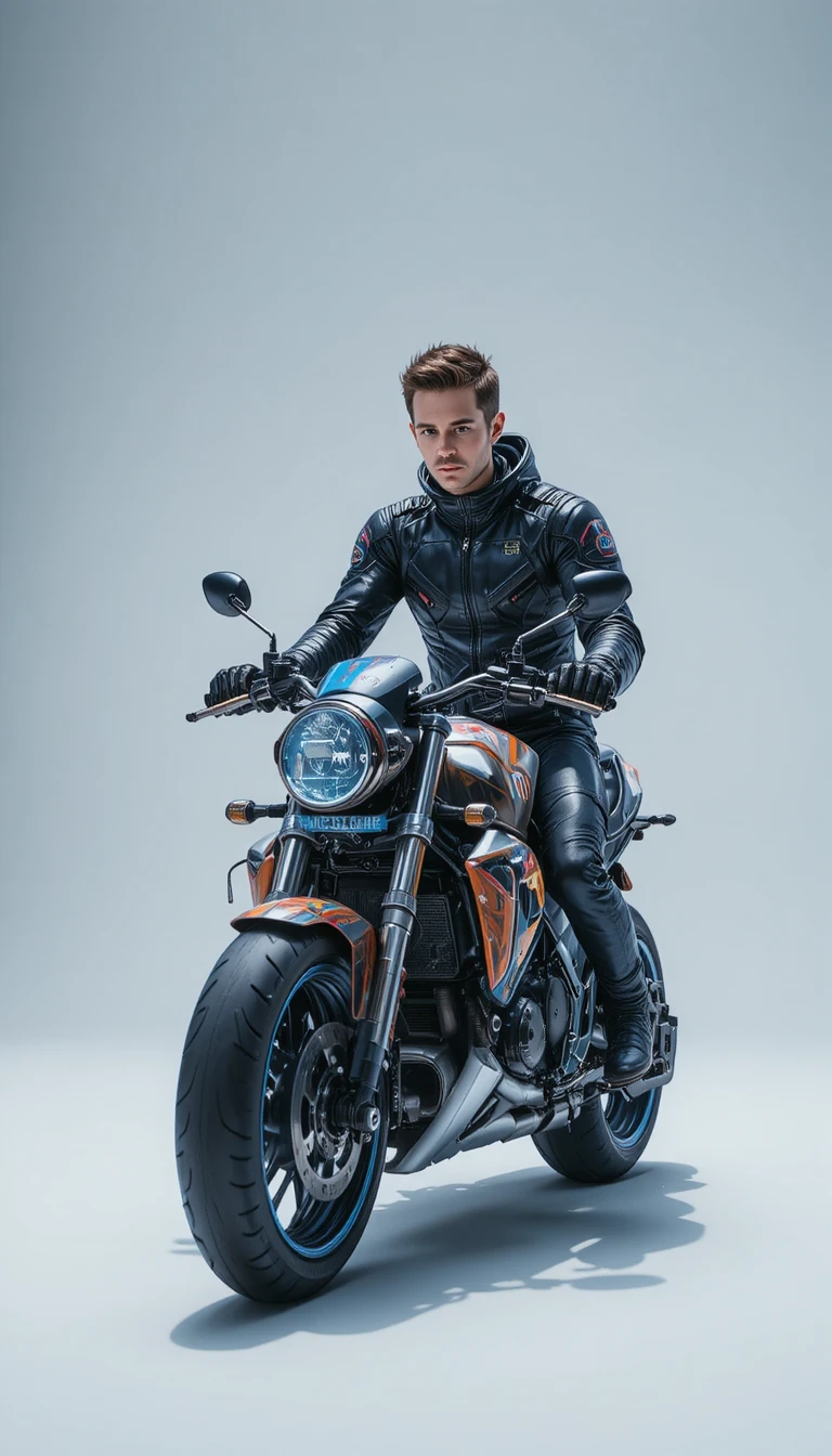 Pintura futurista de motocicleta com jovem piloto em estilo impasto
