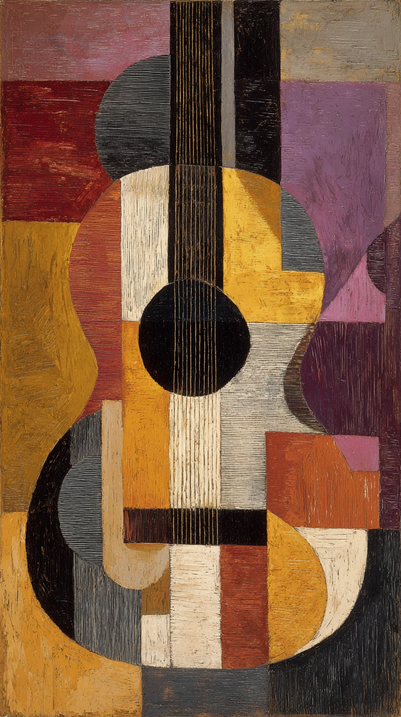 Pintura abstrata cubista de violão com formas geométricas fragmentadas