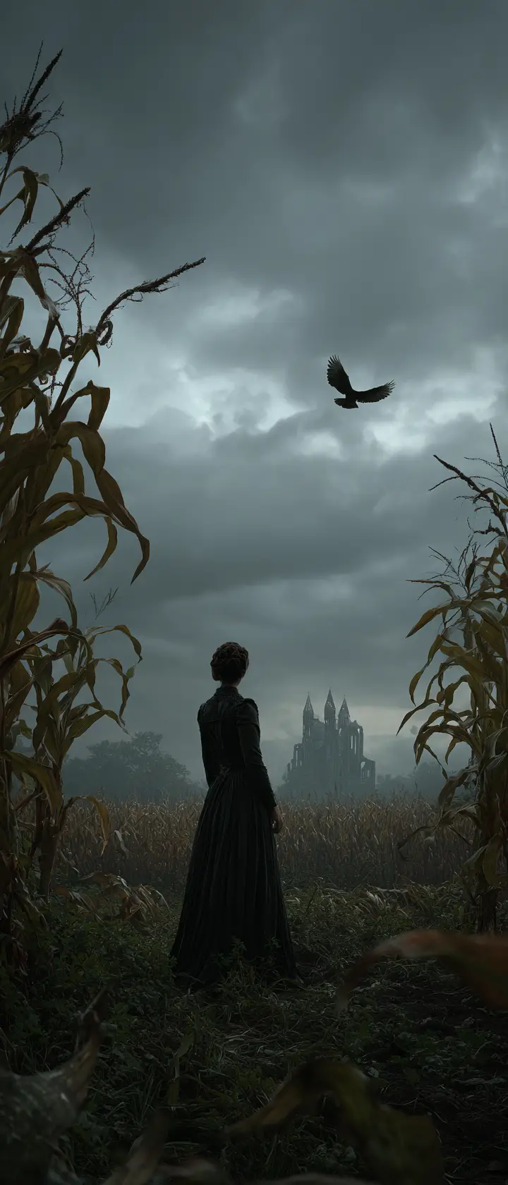 Jeune femme gothique dans un champ de maïs envahi sous un ciel sombre