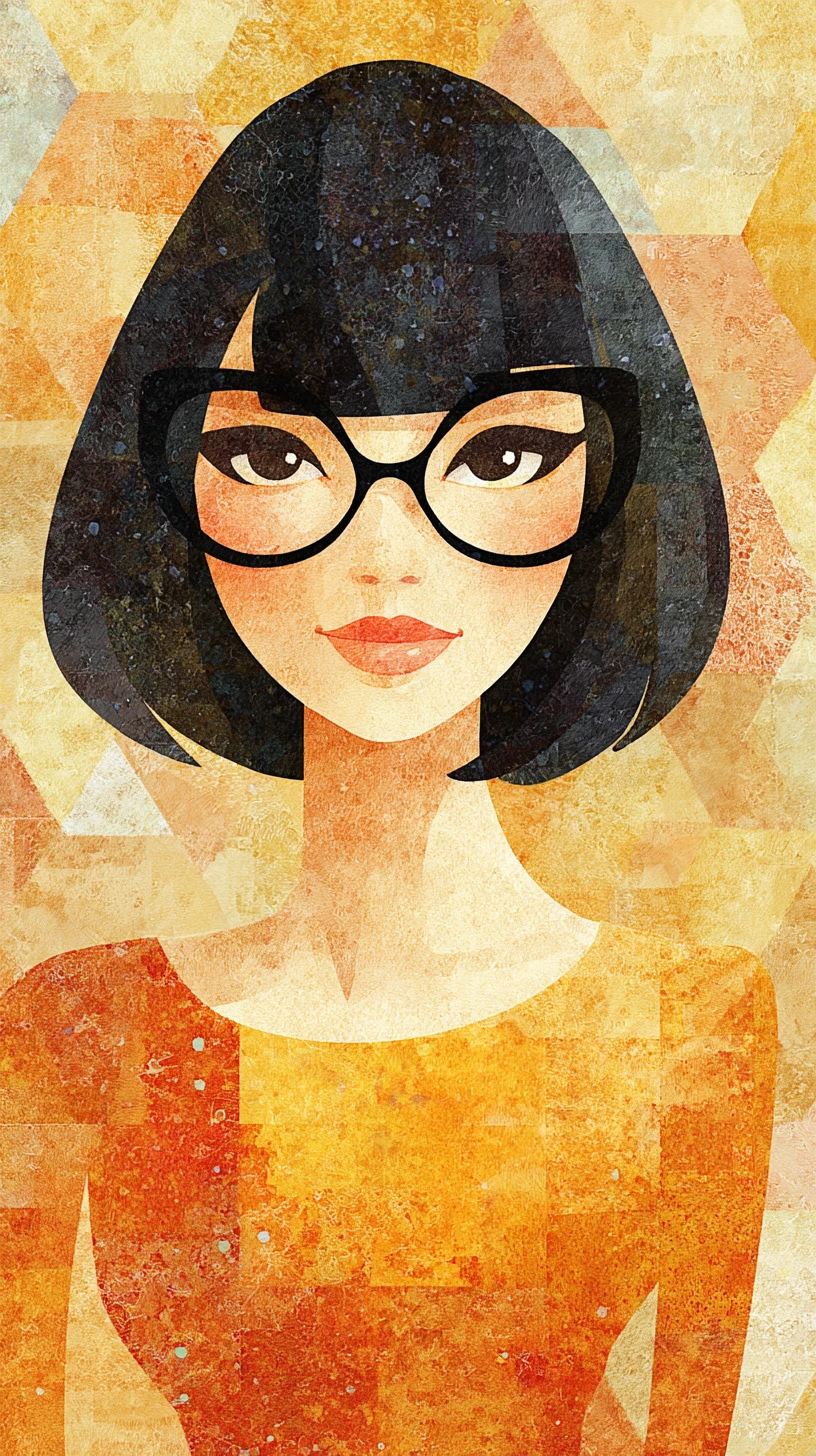 Pop art bust of a woman with bob hair and bold glasses