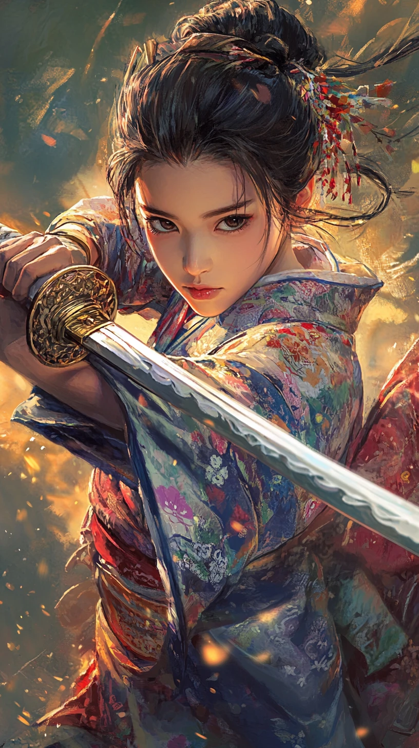 Geisha-Kriegerin im prächtigen Kimono in Kampfpose