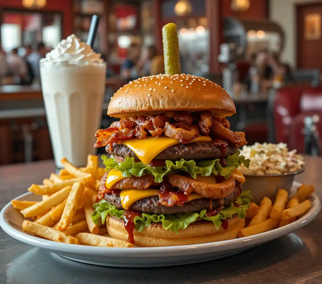 Triple cheeseburger with fries and milkshake at retro diner counter
