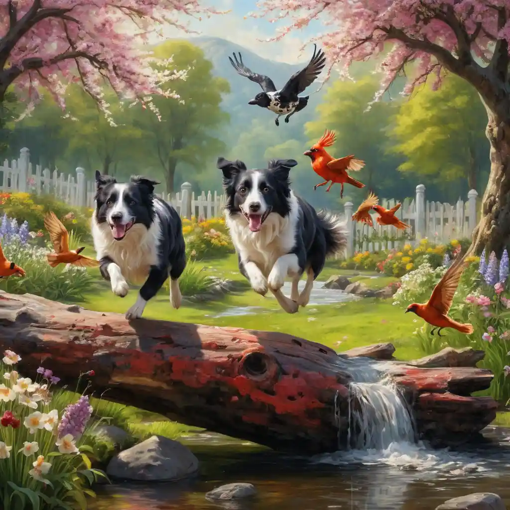 Dois cães perseguindo um pássaro entre rochas em um jardim de primavera