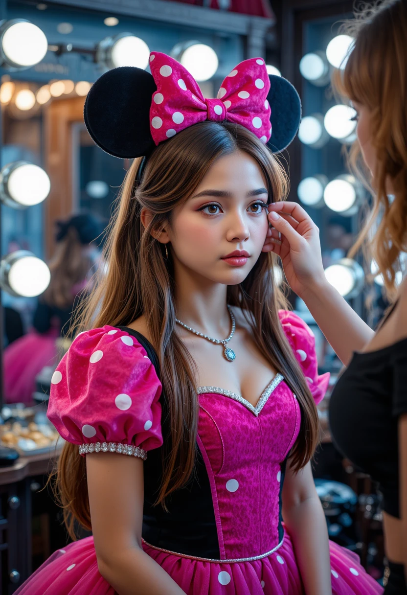 Menino com vestido rosa da Minnie em provador de boutique