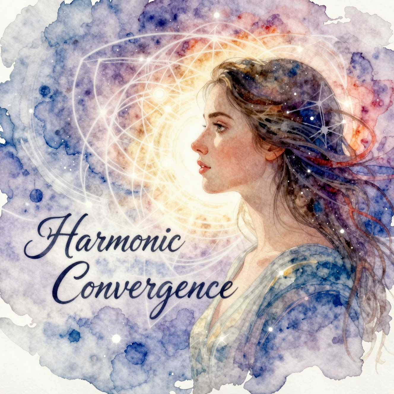 Watercolor profile of a young woman amid sacred geometry
