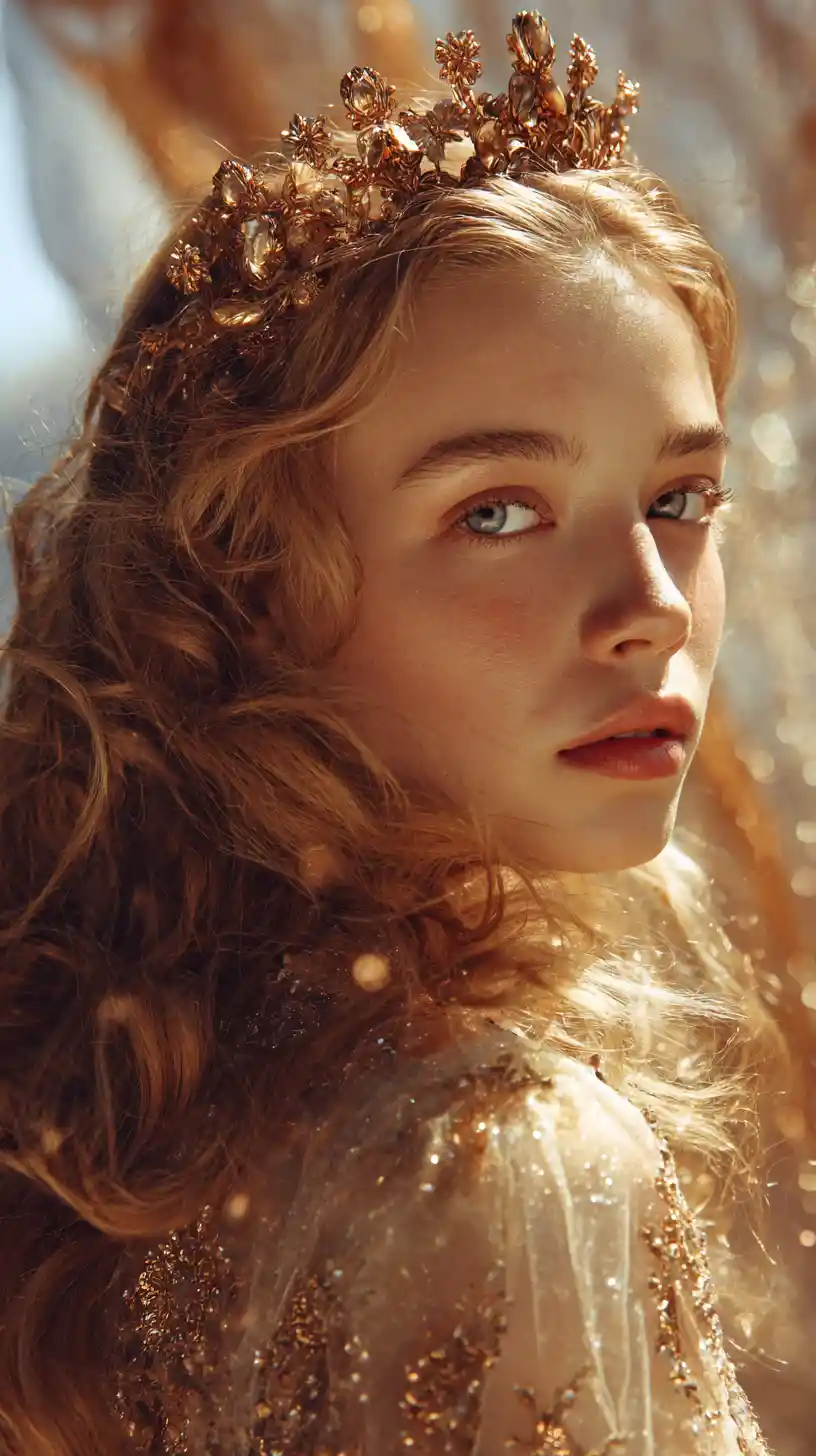 Young queen turning with golden curls and soft gaze