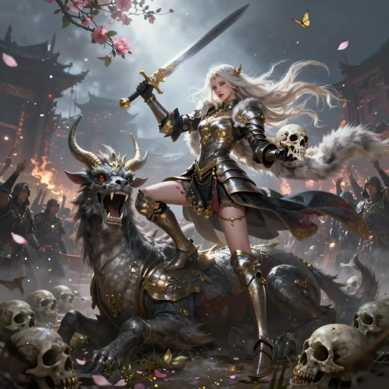 Triumphant Chinese woman knight with qilin on battlefield