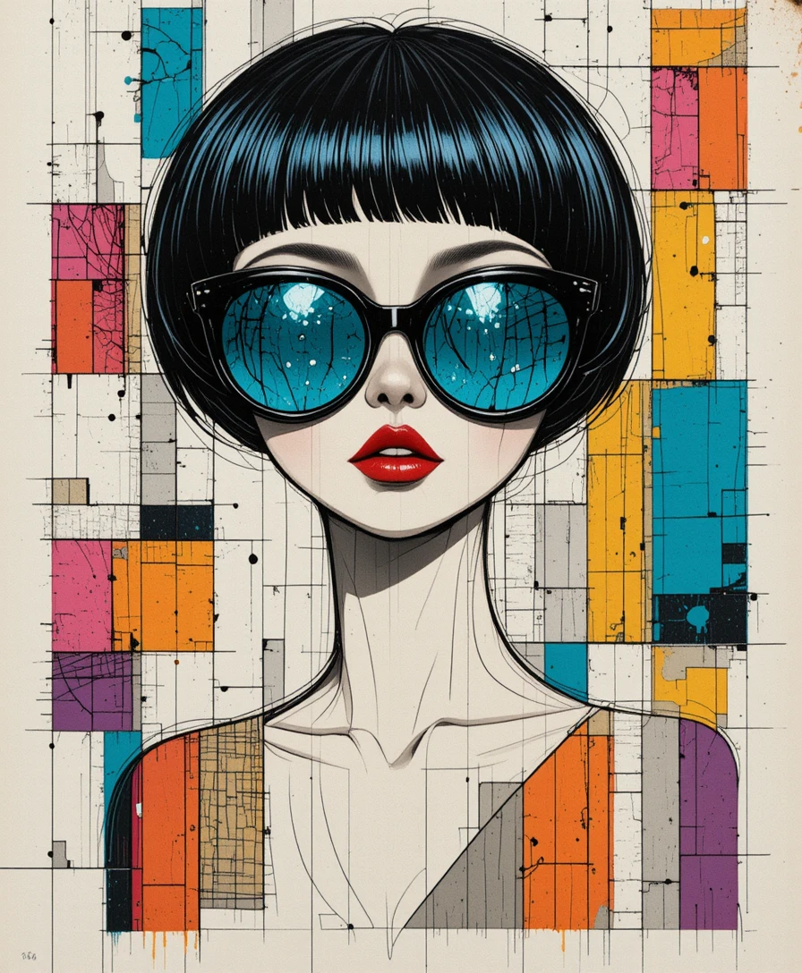 Pop art bust of a woman in oversized geometric sunglasses