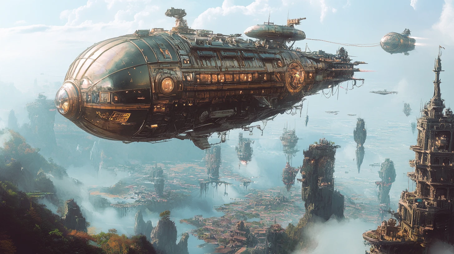 Gigantesca aeronave steampunk entre ilhas flutuantes e criaturas