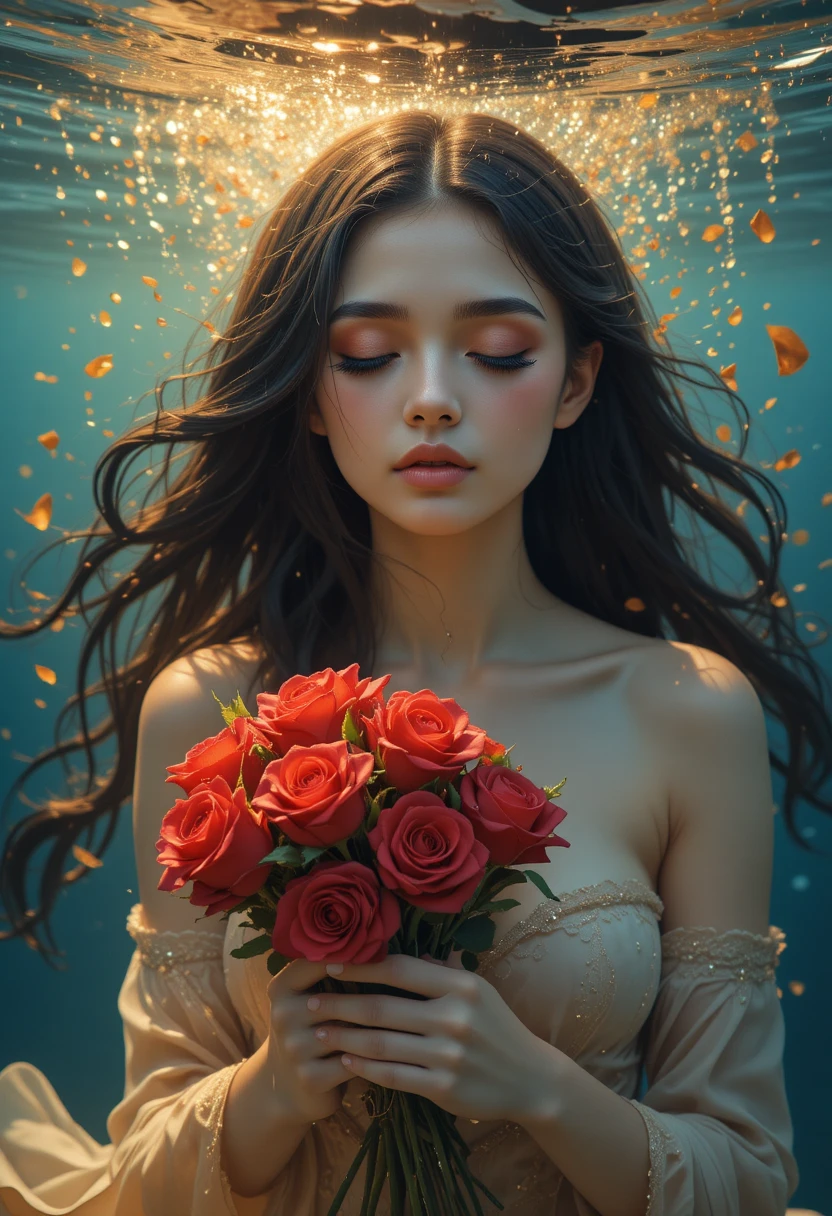 Ethereal Woman With Roses In Glowing Underwater Scene