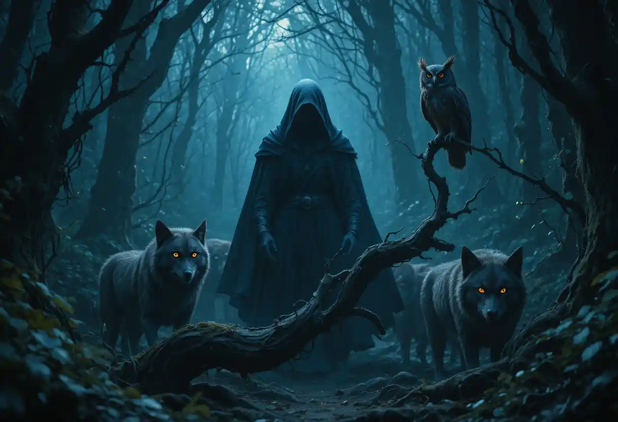 Guardián encapuchado que emerge de la oscuridad con lobos