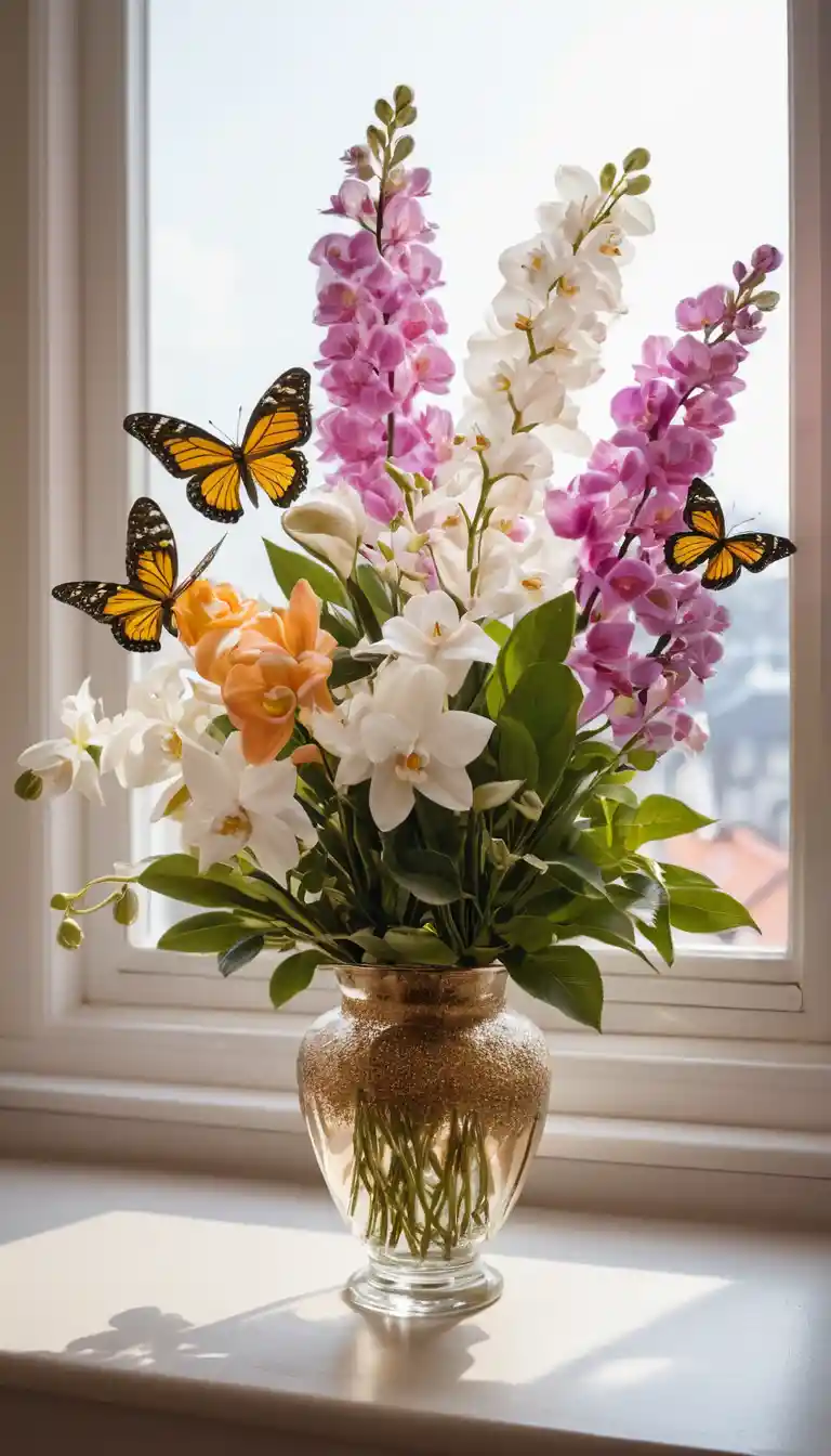 Geburtstagsblumenstrauß mit Schmetterlingen im Vintage-Wohnzimmer