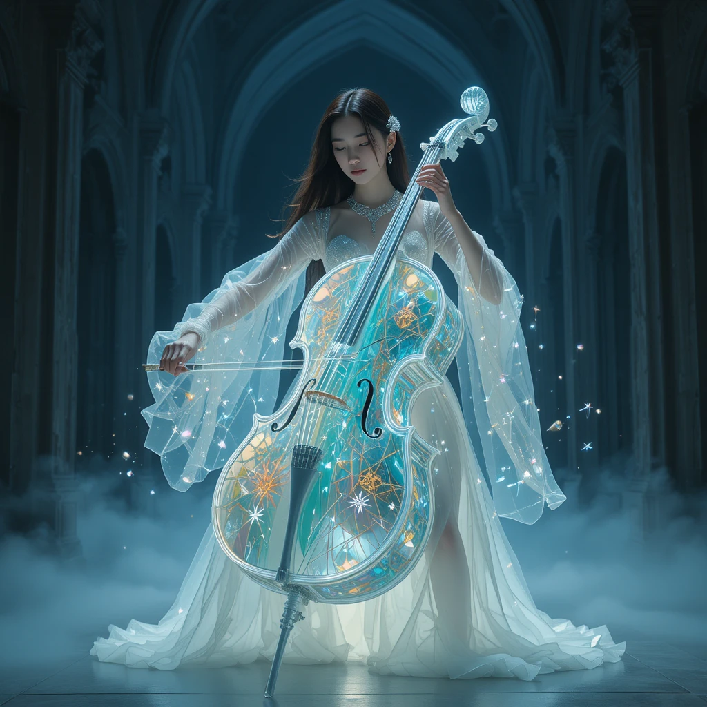 Koreanische Frau spielt leuchtendes kristallines Cello in der Dunkelheit