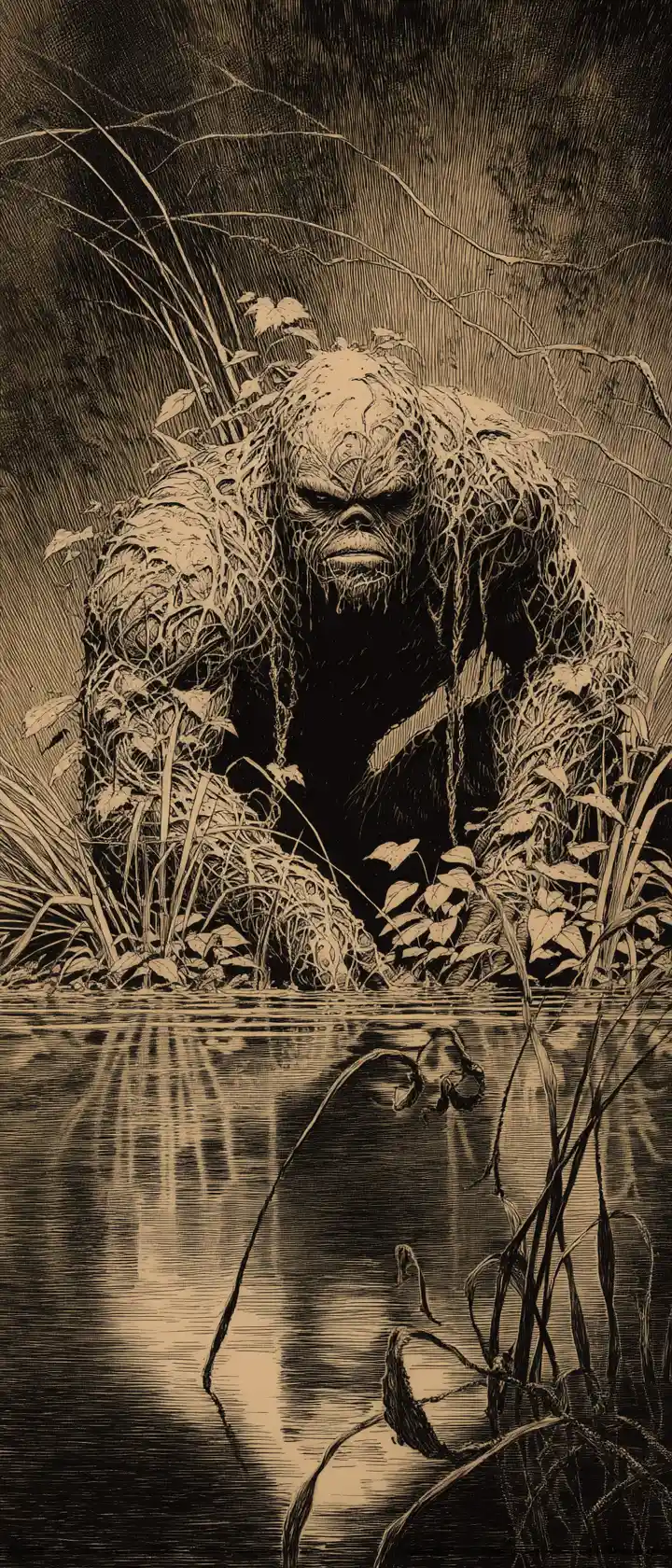 Sumpfmonster, das aus trübem Wasser in Feder und Tinte emporsteigt