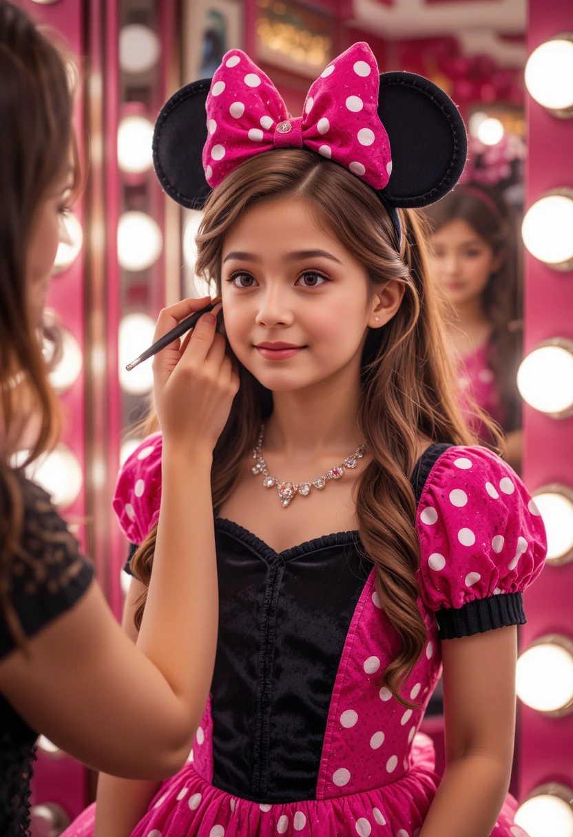 Young boy in pink Minnie dress getting makeover