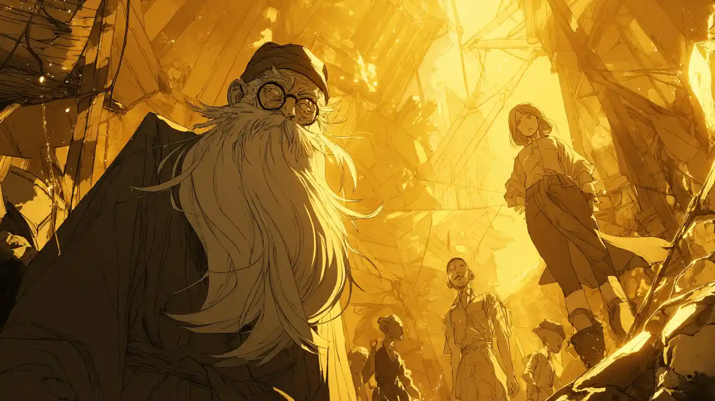 Anime scene of people building together in warm contrast light