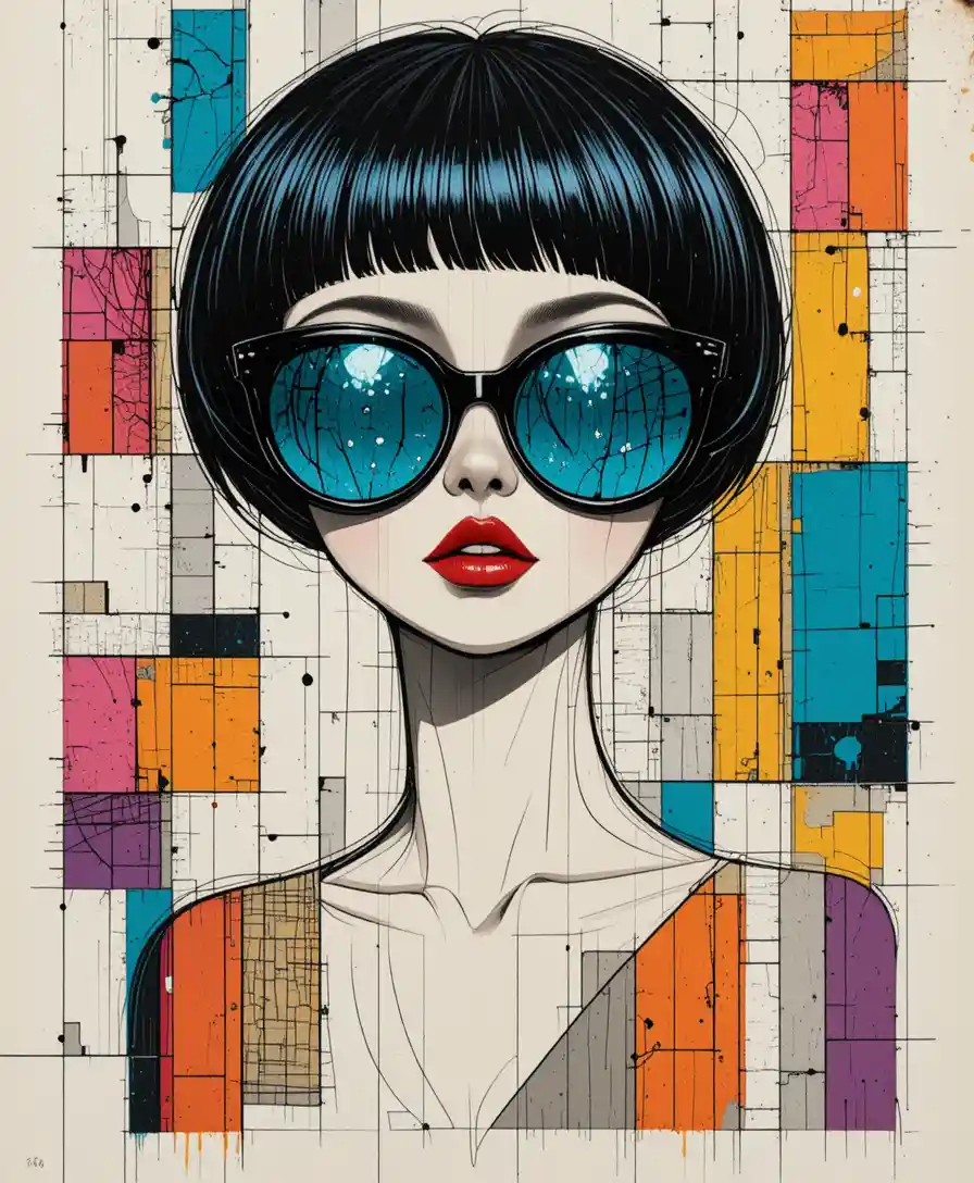 Pop art bust of a woman in oversized geometric sunglasses