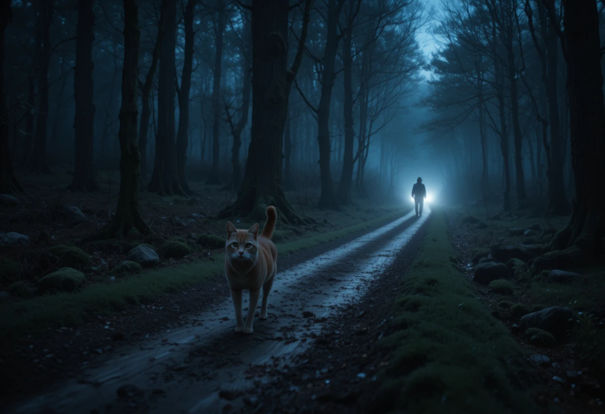 Gato e cachorro caminhando silenciosamente pela noite sombria da floresta