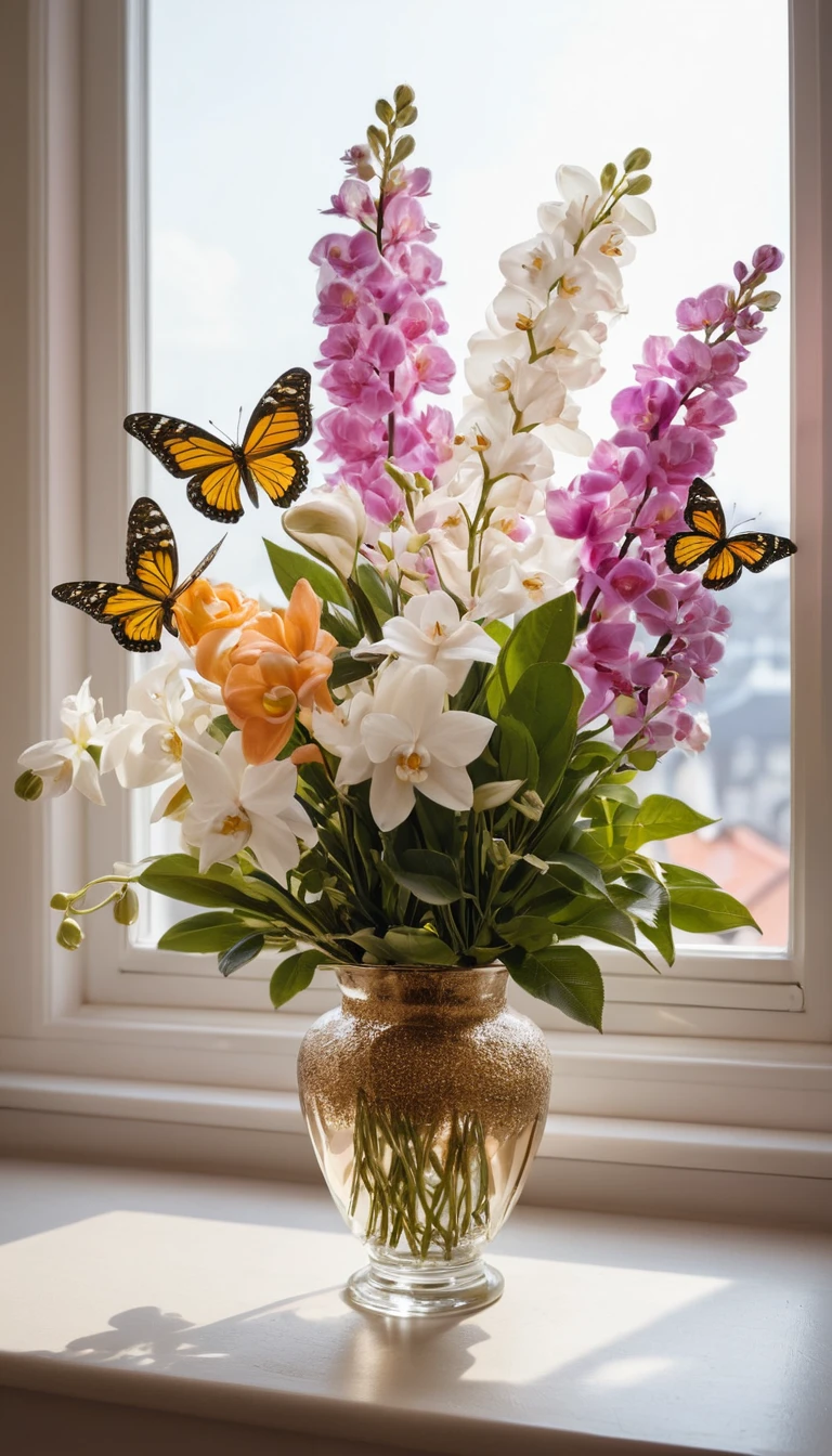 Geburtstagsblumenstrauß mit Schmetterlingen im Vintage-Wohnzimmer