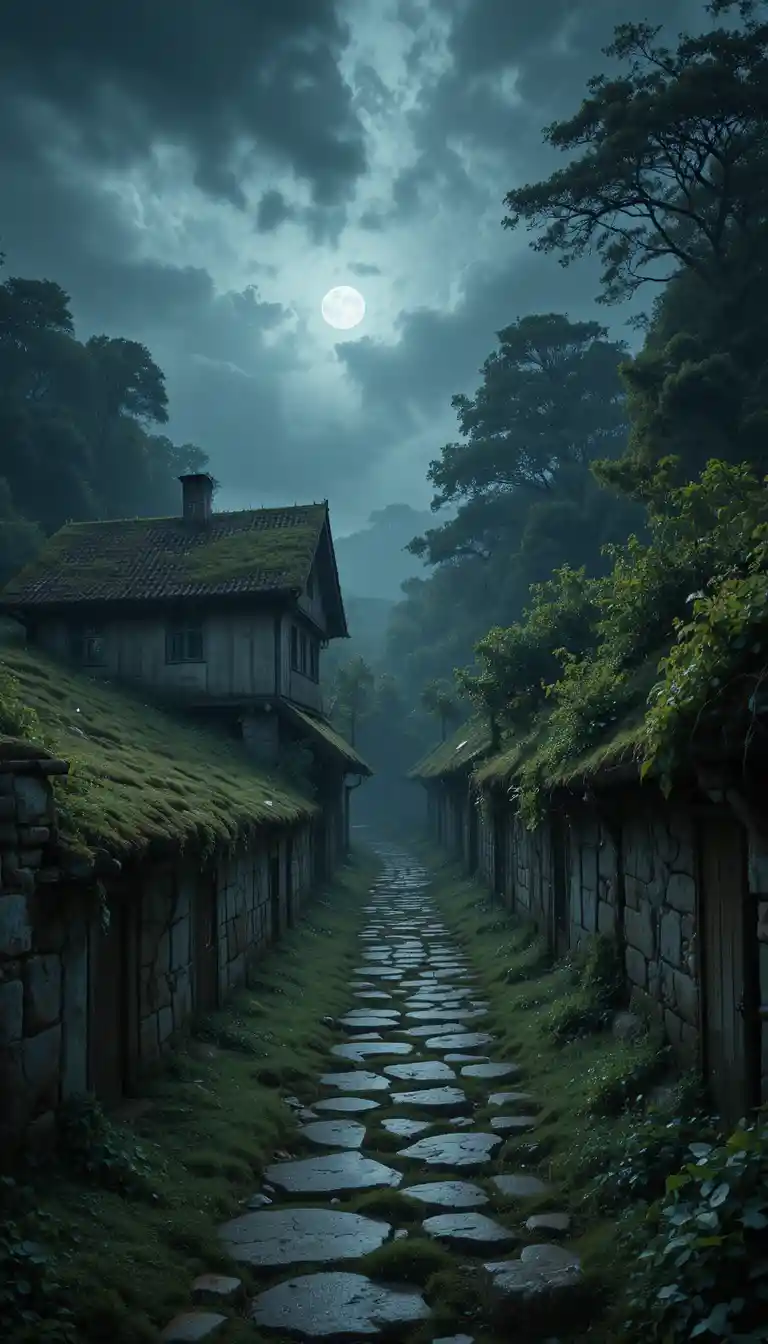 Overgrown stone path through a dark abandoned village