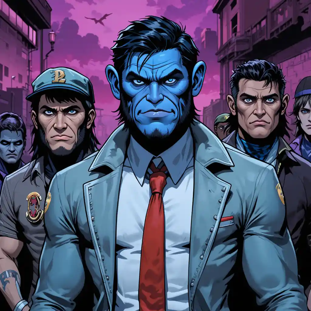 Blue skinned cartoon criminal with ape like features