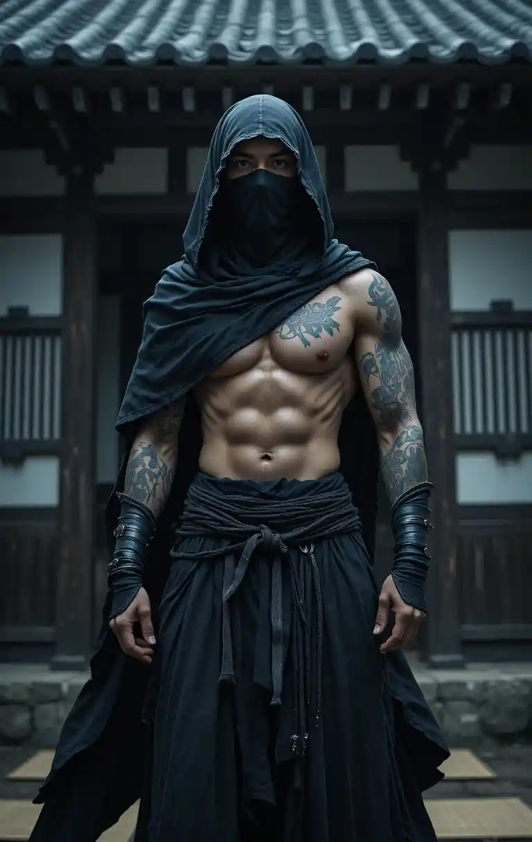 Homem tatuado e mascarado de manto preto em interior japonês