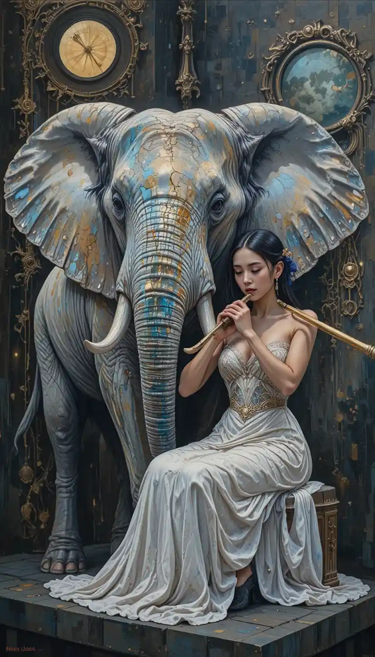 White elephant carrying a woman in impasto painting style