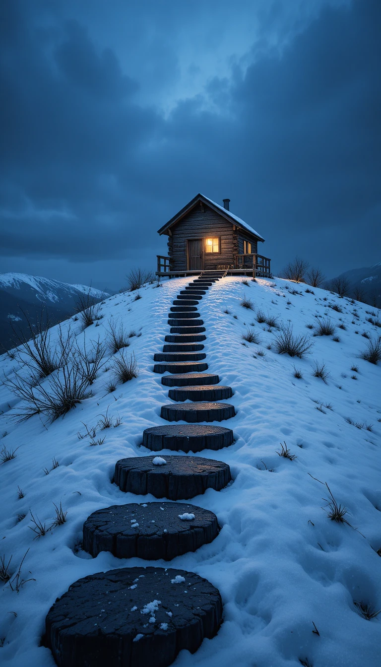 Cozy wooden cabin glowing on a snowy twilight hill