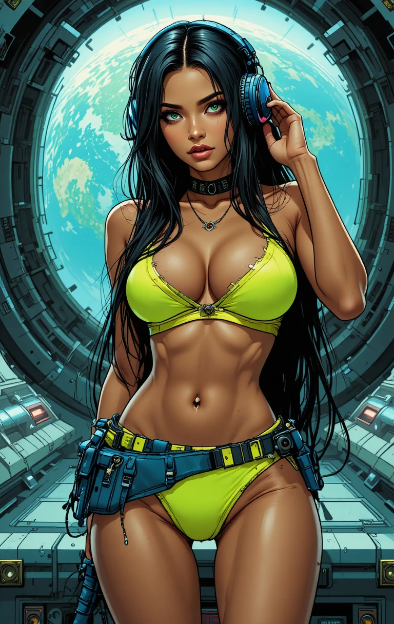 Mulher de ficção científica relaxando em uma estação espacial futurista