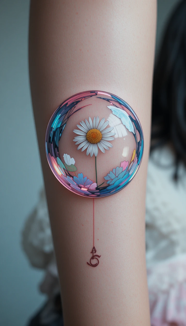 Tatuaggio minimalista con bolla fluttuante e margherita all’interno