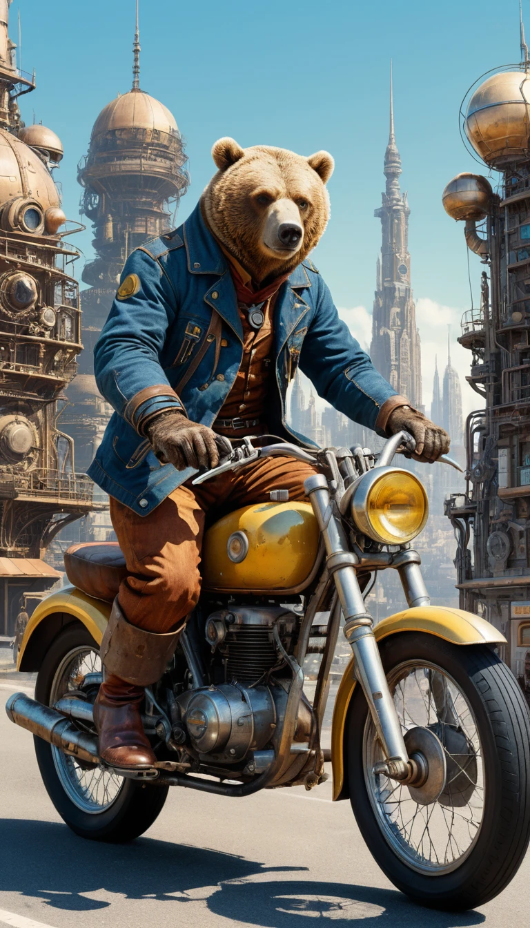 Vieil ours cavalier sur moto futuriste dans une ville fantastique