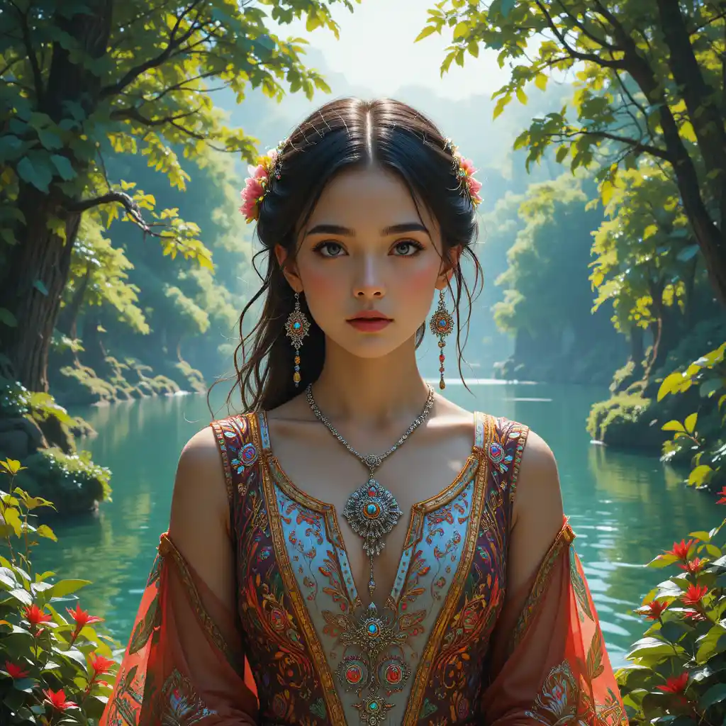 Joven mujer con vibrante traje tradicional junto a un lago tranquilo