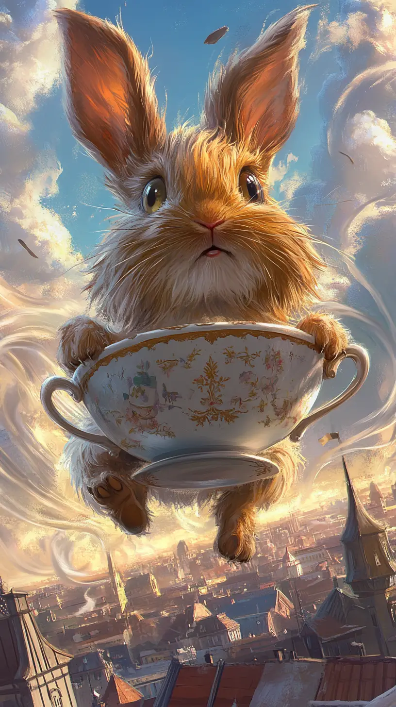 Zotteliges Kaninchen reitet in einer fliegenden Teetasse durch die Wolken